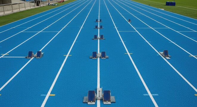 Azure Track: Starting Blocks on a Blue Running Surface, Ready for Competition