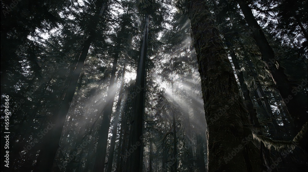 Poster sunlight filtering through a dense forest canopy.
