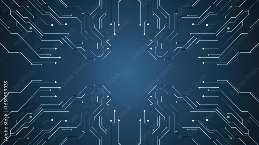 Poster electronic circuit board: a close-up image of an intricate circuit board pattern against a serene ba