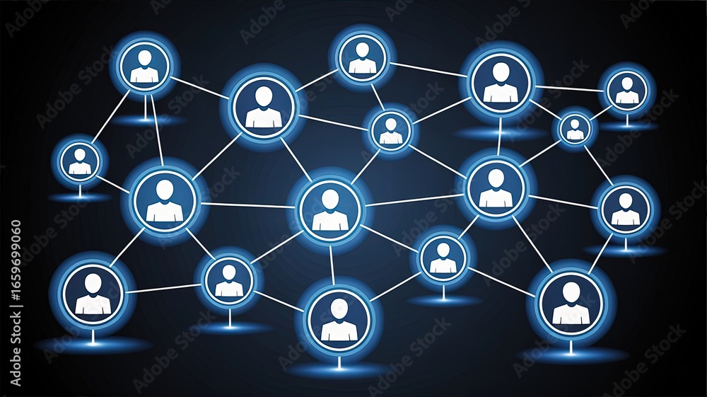Aufkleber network of connections: a vibrant digital rendering of a network of interconnected user icons, illus