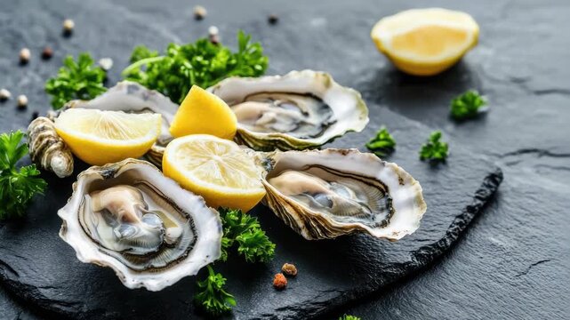 Fresh raw oysters on a stone platter, garnished with lemon wedges and parsley. A classic seafood appetizer.