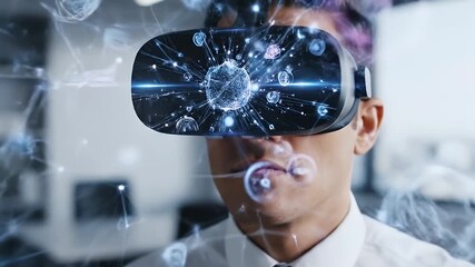 Professional man wearing a VR headset with a glowing digital overlay visualizing a neural network or complex data structure. - Powered by Adobe