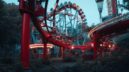 Naklejka premium Abandoned amusement park rides at twilight.