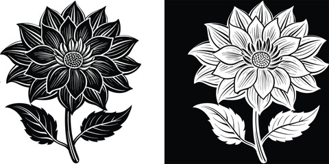 Elegant monochrome dahlia floral design for bold branding and sophisticated invitations in black and white, perfect for unique creations