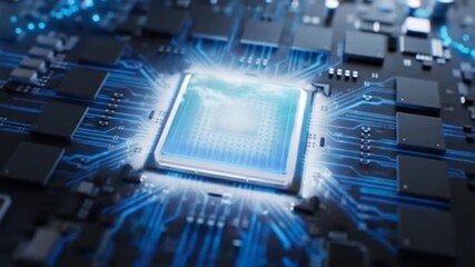 Close-up of a circuit board with a central processor chip (1) - Powered by Adobe