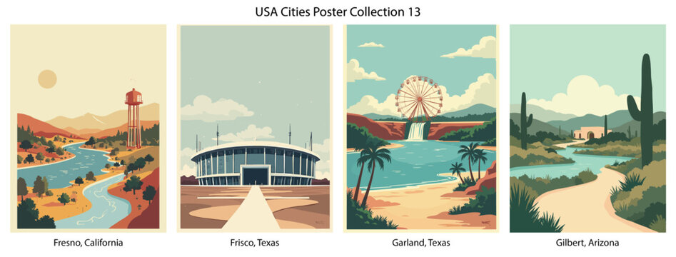 Fresno, California , Frisco, Texas , Garland, Texas , Gilbert, Arizona  Flat Vector Poster Collection