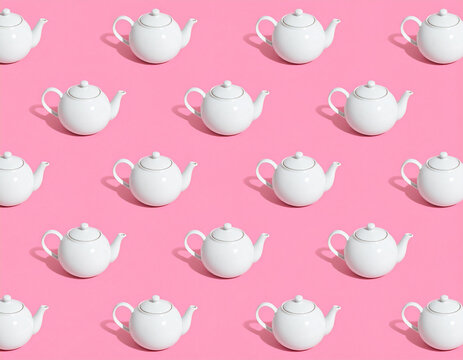 White teapots arranged in a repetitive pattern against a vibrant pink background create a charming and playful visual display