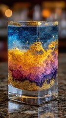 Vibrant layered cocktail in a square glass, showcasing a spectrum of colors with gold flakes