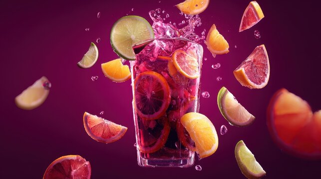 A vibrant fruit cocktail features citrus slices in a glass against a purple background - Powered by Adobe