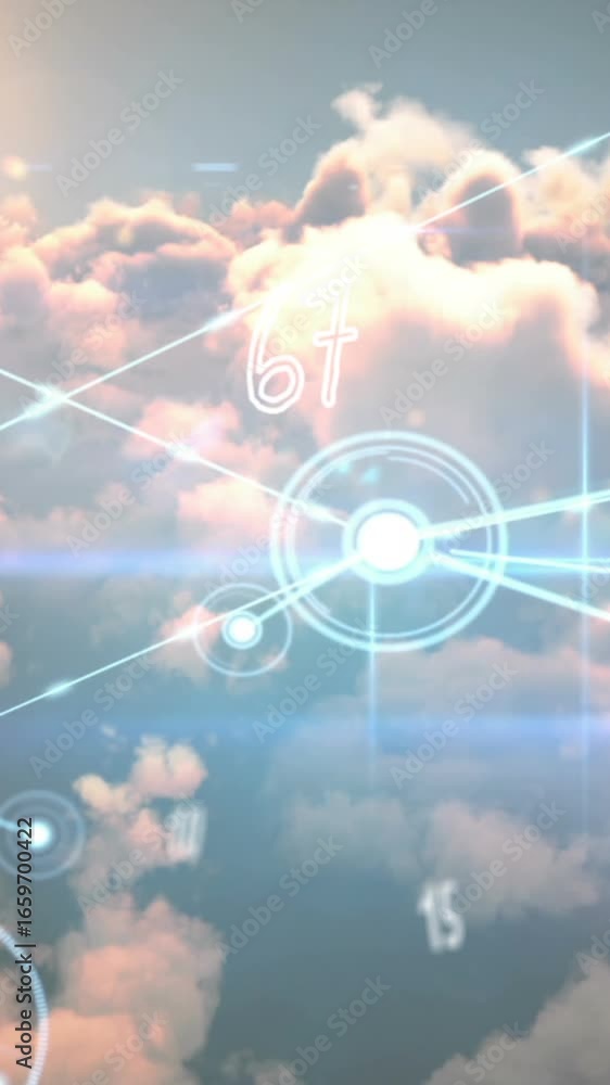 Poster animation of multiple numbers and glowing network of connections against clouds in the sky