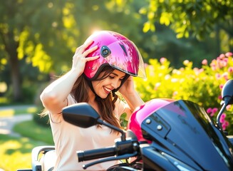 Naklejka premium an image of a woman in a pink helmet is sitting on a motorcycle, there is a woman that is sitting on a motorcycle with a helmet on