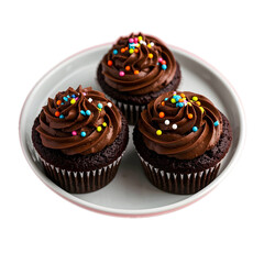 Delicious chocolate cupcakes with icing on a white background