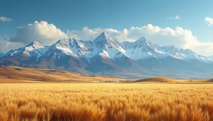 Golden wheat field stretches towards majestic snow-capped mountains under clear blue sky with fluffy clouds. Vast expanse of ripe grain awaits harvest in scenic rural landscape, bathed in warm