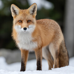 Fototapeta premium Red fox standing alert on a snowy ground.