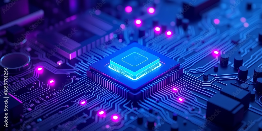 Poster close up of a glowing blue computer processor on a circuit board with pink lights