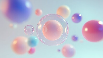 Abstract 3D Render Glossy, Floating Pastel Spheres & Bubbles, SoftClean Background,  Wallpaper. Technology, Science, Creative Presentations. Beauty, Skincare, Minimalist Liquid, Glass Orbs