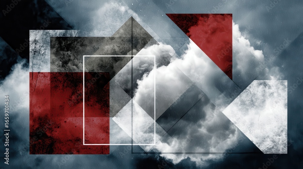 Poster geometric abstract design with textured shapes and clouds.
