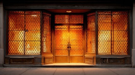Old shop facade, warm glow, security bars