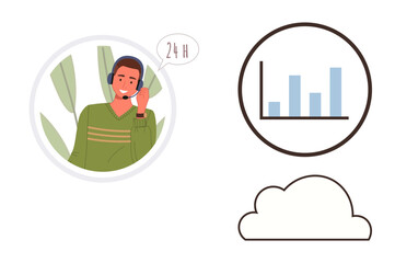 Customer support agent with headset, bar chart in circular frame, cloud outline. Ideal for customer service, cloud technology, business analytics, tech support, data management, communication simple