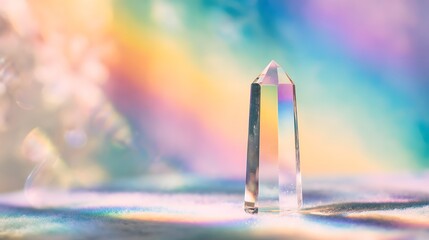 Close-up crystal glass prism splitting light into rainbow spectrum