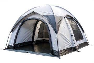 White and grey inflatable camping tent with open doorway on background outdoor isolated on a transparent background