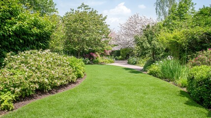 A serene cherry blossom garden with a path leading into the distance, balanced composition for advertising
