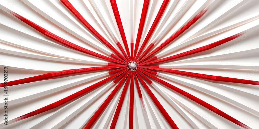 Poster red and white paper strips fanned out from a central point creating a radial pattern