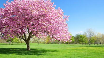 A dreamy cherry blossom scene with soft lighting and a clear area for copy