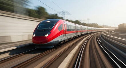 Sleek Red High-Speed Train Accelerating Around a Sun-Kissed Railway Curve.