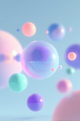 Abstract 3D Render Glossy, Floating Pastel Spheres & Bubbles, SoftClean Background,  Wallpaper. Technology, Science, Creative Presentations. Beauty, Skincare, Minimalist Liquid, Glass Orbs