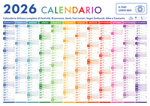 2026 Calendar - illustration. Template. Mock up. Italian version with Saints, Holidays, Lunar Phases and Zodiac Signs