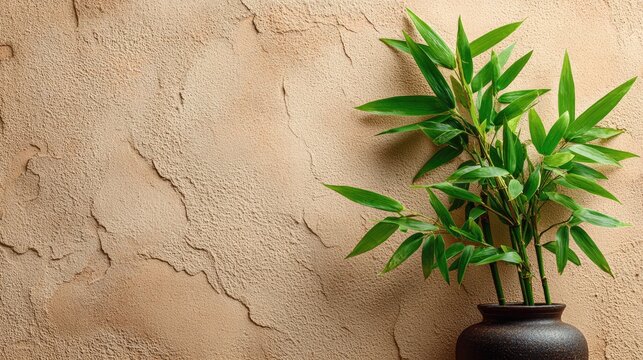 Beige textured wall, bamboo sprigs in dark vase