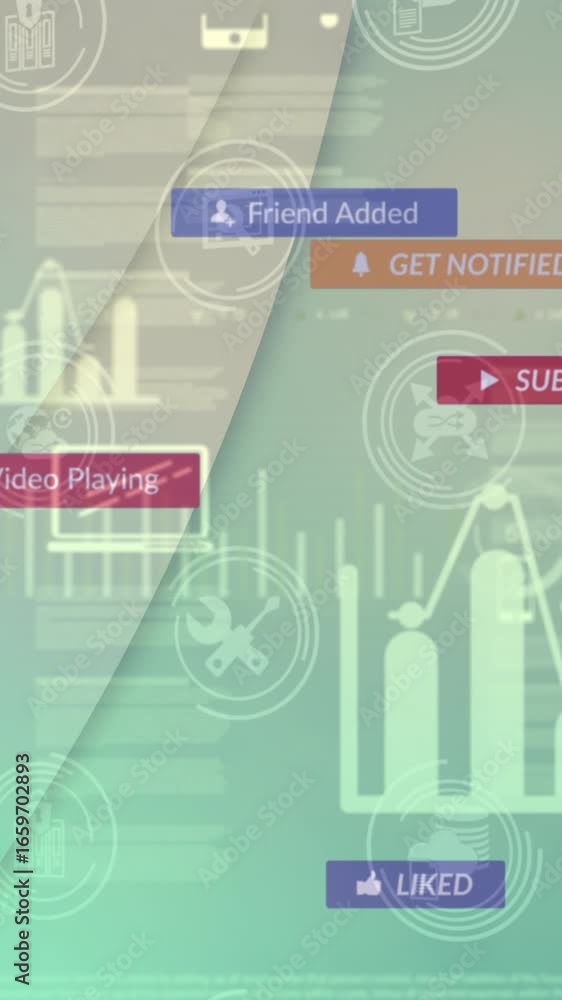 Poster interface with data processing over multiple speech bubbles floating against green background