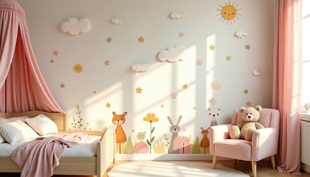 Charming kids room interior with wall decals, bed, chair, teddy bear. Pastel colors create cozy, playful ambience. Sunlight, stars, clouds, animals decor, warm lighting, soft aesthetic. Perfect