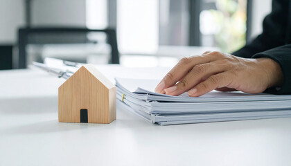 A person is looking through paperwork, next to a wooden house