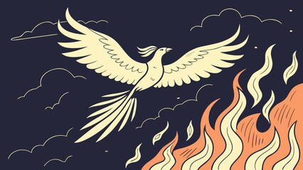 Illustration of a phoenix rising from the flames at night, a symbol of rebirth, transformation, and resilience, with clouds