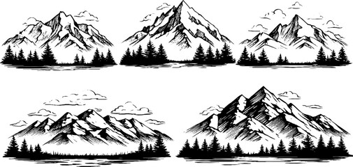 Set of hand-drawn mountain landscapes with pine trees and clouds