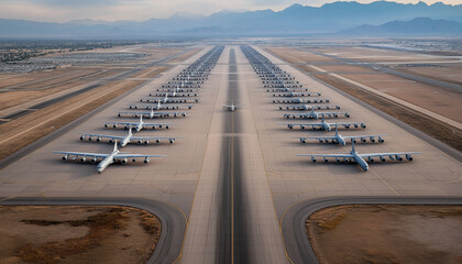 AI generator images of The world's largest aircraft graveyard aerial landscape view of landscape around airplane storage area at Air and Space Port at Field with many retired passenger and cargo 