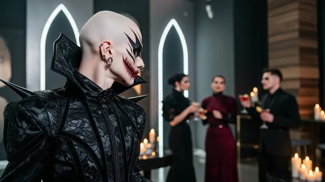 Man dressed as a goth or vampire. In the background are people at a party. For Halloween, parties, cosplay, fashion projects, alternative style, fantasy, advertising, films, clips related to holidays.