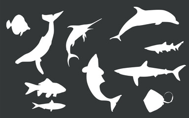 silhouettes of various marine animals on a dark background. Among them are a dolphin, whale, marlin, shark, swordfish, tuna and tropical fish.