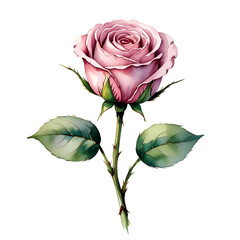 Pink rose illustration with green leaves and visible thorns, isolated on white background, botanical flower clipart for decorative design