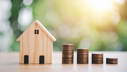 A wooden house model with stacks of coins representing financial growth. The arrangement suggests a concept of investment, savings, and property value increase.