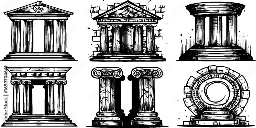 Poster classical architectural columns and ancient structures illustrations