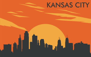 Obraz premium a silhouette of the Kansas city skyline against the background of a stylized yellow sunset or sunrise with an orange sky and abstract clouds