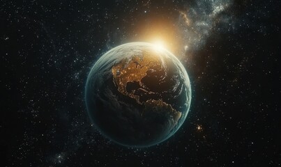 Breathtaking view of the sunrise from space, with golden rays illuminating the curvature of Earth against a vast starry expanse, symbolizing the beauty of our planet and the infinite, Generative AI