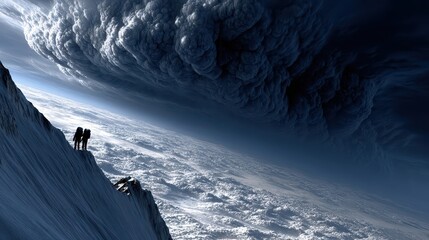 Two climbers stand atop a snow-capped mountain ridge, gazing at a vast storm cloud.