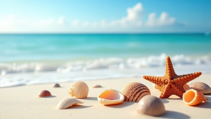 Obraz premium Seashells and a starfish on a sandy beach against a backdrop of turquoise water and a vibrant blue sky.