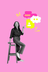 Artwork banner full photo collage of happy girl sit chair send message bubble notification dialogue...