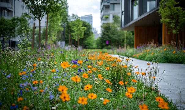 Lush urban green space flourishing with vibrant wildflowers, symbolizing the importance of biodiversity amidst the concrete jungle of a bustling city center, emphasizing the value, Generative AI