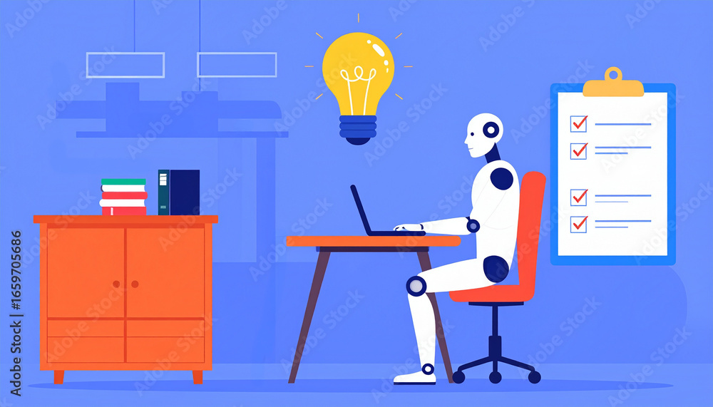 Poster a robot working diligently at a desk, illuminated by a lightbulb and accompanied by a checklist and 